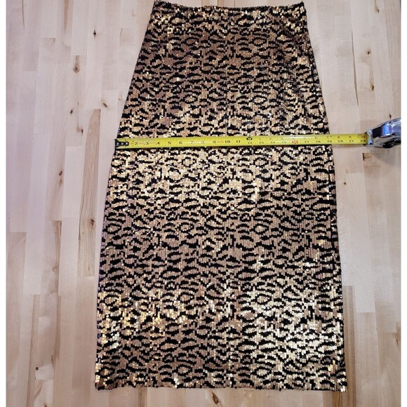 ZARA Tiger Print Knit Midi Sequin Skirt Black Gold Size M Pull On Elastic Waist - Picture 5 of 12